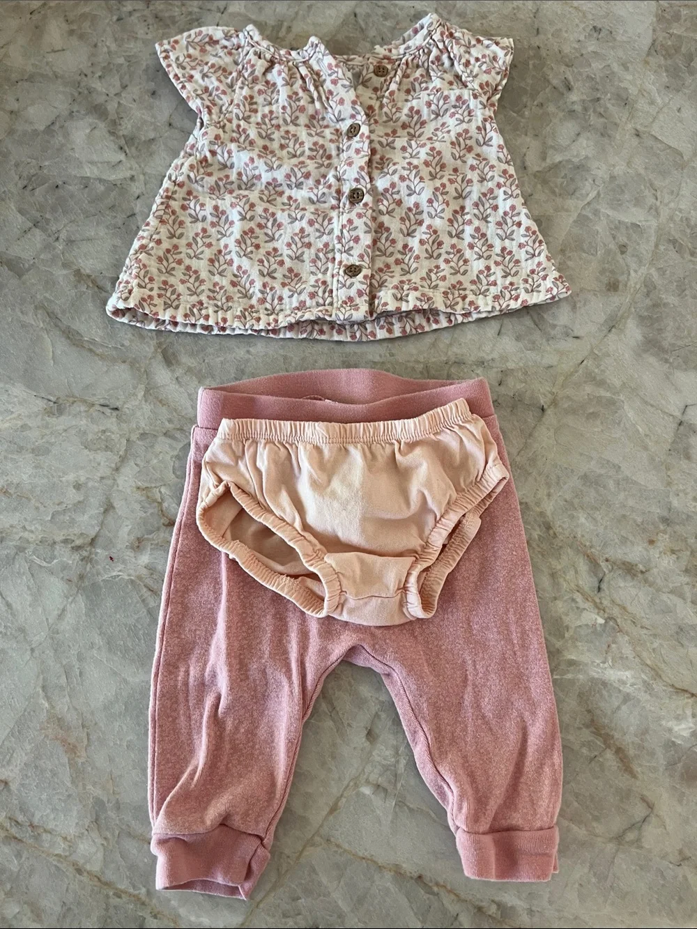 3-6 Month Pink Floral Button Top with Rose Leggings & Blush Diaper Cover